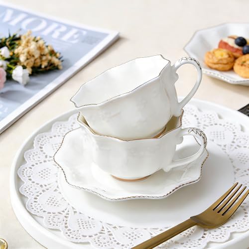 Tea Cups and Saucers Set of 2, 7oz Stackable Porcelain Coffee Cup, YFH14 - Image 7