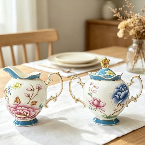 Bone China Tea Set, Vintage Floral Tea Sets for Adults, 21-Piece Blue Porcelain Tea Sets for 6, Bird Tea Cup Set with Teapot, Sugar Bowl, Creamer, Gold Trim, Perfect Gift for Tea Lovers - Image 4