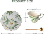 Vintage Floral Porcelain Tea Cup and Saucer Set with Spoon, Gold Trim, 6.4 oz – Set of 2, Green – Tea & Espresso & Coffee Cups (2, White Camellia) - Image 2