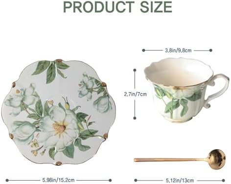 Vintage Floral Porcelain Tea Cup and Saucer Set with Spoon, Gold Trim, 6.4 oz – Set of 2, Green – Tea & Espresso & Coffee Cups (2, White Camellia) - Image 2