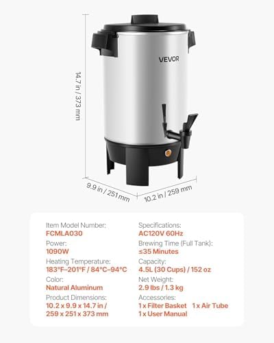 VEVOR Commercial Coffee Urn, 30 Cup 4.5 L Hot Beverage Dispenser with Dripless Faucet, Quick-Brewing Commercial Coffee Maker, Automatic Temperature Control, for Catering, Party, Church & Restaurant - Image 7