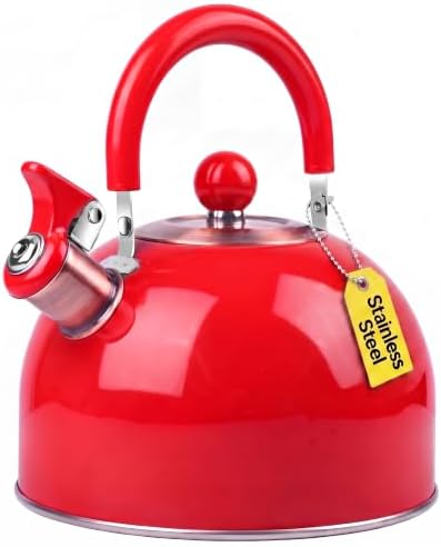 2.6 Quart Red Whistling Tea Kettle for Stovetop, Stainless Steel Teapot with Cool-Touch Handle, Loud Whistle, Wide Base, Gas Electric Induction Compatible by Rixordd