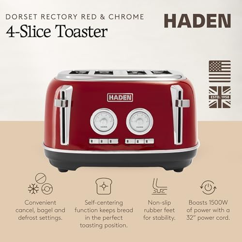 Haden Dorset 4 Slice Wide Slot Stainless Steel Toaster, Rectory Red - Image 2