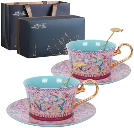 Enamel Floral Porcelain Coffee Mug Set of 2 with Matching Saucers by Fancyall