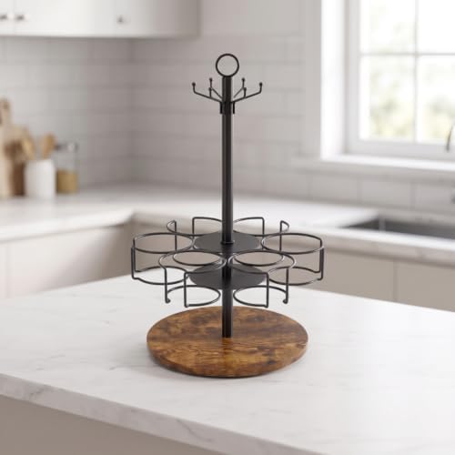 Beverage Container Rack Rotating Cup Holder Stand Mug Organizer Tumbler Tree with Wooden Base Carbon Steel Stable Efficient Suitable for Coffee Corners Dorm Kitchens - Image 3