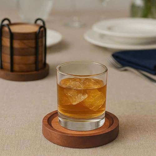 Wood Coasters for Drinks with Metal Holder, Wooden Coaster with Cork for Tabletop Protection, Drink Coasters for Coffee Table, Desk, 4.33 Inch, Set of 6 (Medium Size) - Image 7
