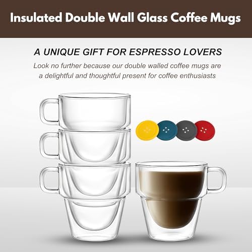 Clear Glass Coffee Mugs with Silicone Button Coasters - Insulated Espresso Cups Set of 4 - Double Walled Espresso Glasses for Tea & Coffee Bar Accessories - Double Wall Cappuccino Cup Set (12 oz) - Image 4