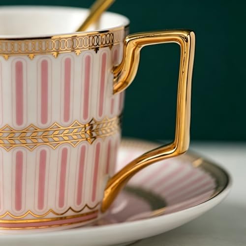 8.45oz European Ceramic Coffee Cup & Saucer Set of 2 with Handle & Gold Spoons, Stripe with Gold Accents, for Latte, Tea, Cappuccino, Gift Boxed for Tea Party, Housewarming Gift (two pink) - Image 6