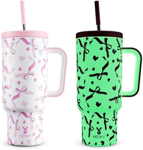 Meoky Glow in the Dark Tumbler: 40 oz Tumbler with Handle and Straw- Stainless Steel Insulated Tumbler for Car Cup Holders - Travelers Commuters Workers (1 Pack, Pink Bow) by MEOKY