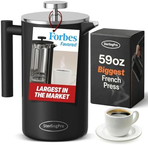 SterlingPro 1.75 L 59 oz Black Extra Large French Press Coffee Maker and 6 Pack Replacement Screens Bundle Stainless Steel Double Wall Insulated for Tea and Coffee - Image 2
