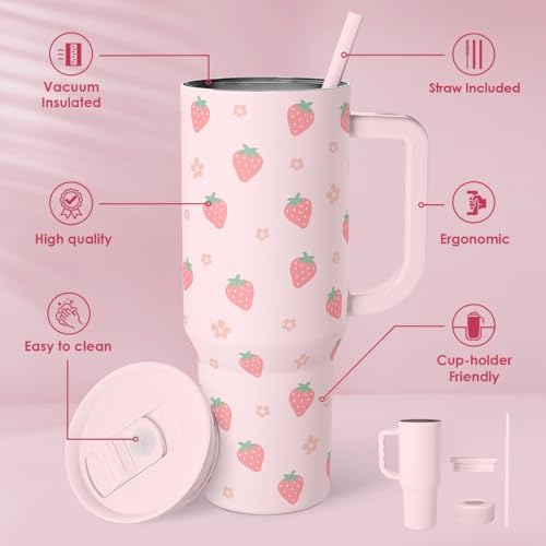 SANDJEST Strawberry Tumbler with Handle 40oz – Insulated Stainless Steel Travel Coffee Mug Cup for Girls Women, Gift for Christmas, Birthday - Image 2