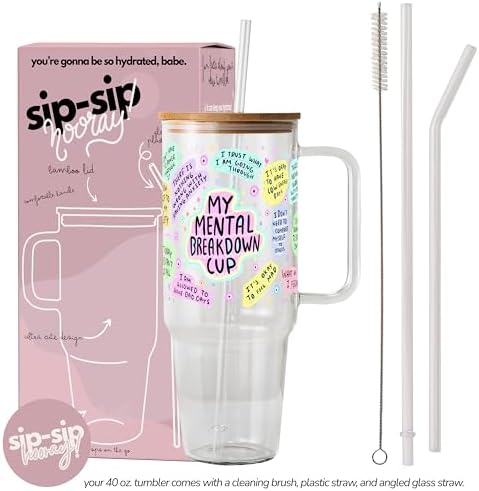 Sip-Sip Hooray! Mental Health Affirmations 40oz Glass Tumbler with Lid - Image 4