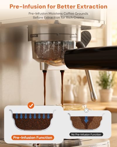Kismile 20 Bar Espresso Machine with Milk Frother, Compact Cappuccino & Latte Coffee Maker for Home Office, 1350W Fast Heating Espresso Maker with Pre-Infusion, 1.2L Tank, LED Display - Image 4