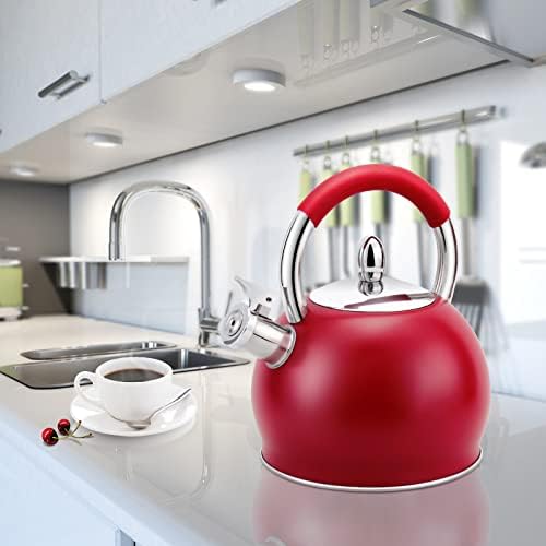 Whistling Tea Kettle for Stove Top Stainless Steel Tea Pot with Ergonomic Silicone Handle Teapot for Stovetop 3.2 Quart / 3 Liter Red - Image 2