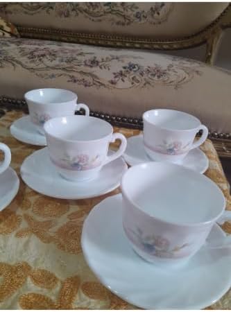 SODEF Set of 5 Arcopal Style Glass Cups and Saucers, White, 1 Liter Capacity, Vintage Design, Durable Porcelain Alternative for Coffee or Tea, appropriate for Home Kitchenware Collection - Image 7