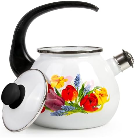 Enamel Kettle with Whistle 2.7 Qt (2.5 L) Stovetop Kettle with Ergonomic Handle, Enameled Steel Tea Pot for Stove Top, Vintage Kitchen Tea Kettle, Dishwasher and Induction Safe (Spring Bouquet) - Image 5