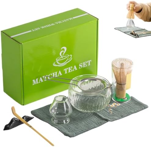 Matcha Whisk Set 7Pcs Matcha Bowl and Whisk Set Bamboo Matcha Whisk with Whisk Holder, Glass Bowl, Tea Scoop, Sifter, Teacloth, Tea Ceremony Set Tea Ceremony Set Matcha Set for Machat Tea Making Kit - Image 4