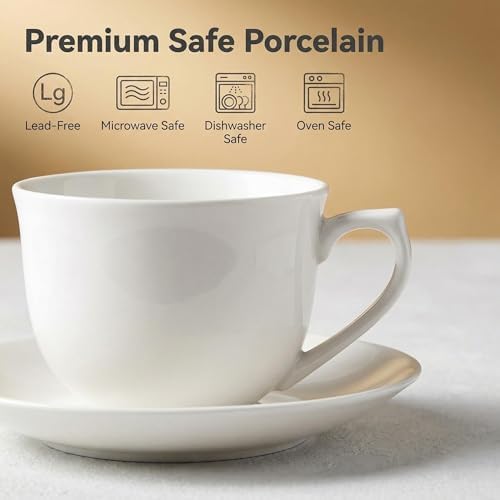 8 Ounce Porcelain Cappuccino Cups with Saucers - Set of 4, Perfect for Specialty Coffee Drinks, Latte, Cafe Mocha and Tea, Ivory White - Image 2