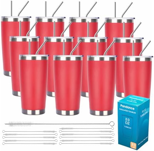 Pandance 20oz Stainless Steel Insulated Tumblers Bulk, Red, 12 Pack by Pandance
