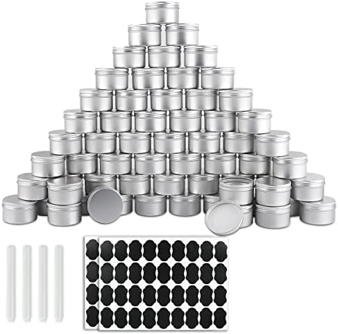 OBKJJ 64 Pack Round Cans with Screw Lid 4 Oz Aluminum Metal Tins DIY Food Candle Containers for Lotion Bars, Balms, Salve, Spices, Beard Balm, Crafts with 4 Markers 2 Sheets Label Stickers (Silver) by OBKJJ