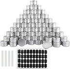 OBKJJ 64 Pack Round Cans with Screw Lid 4 Oz Aluminum Metal Tins DIY Food Candle Containers for Lotion Bars, Balms, Salve, Spices, Beard Balm, Crafts with 4 Markers 2 Sheets Label Stickers (Silver) by OBKJJ