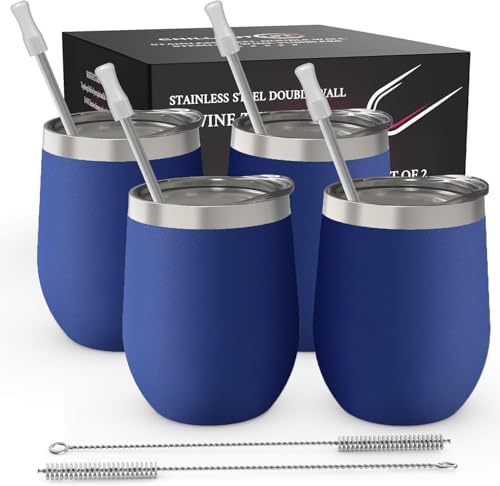 CHILLOUT LIFE 12 oz Stainless Steel Wine Tumblers 4 Pack - Double Wall Vacuum Insulated Wine Cups with Lids and Straws Set for Coffee, Wine, Cocktails - Powder Coated Navy Blue by CHILLOUTLIFE