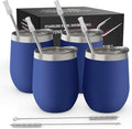 CHILLOUT LIFE 12 oz Stainless Steel Wine Tumblers 4 Pack - Double Wall Vacuum Insulated Wine Cups with Lids and Straws Set for Coffee, Wine, Cocktails - Powder Coated Navy Blue by CHILLOUTLIFE