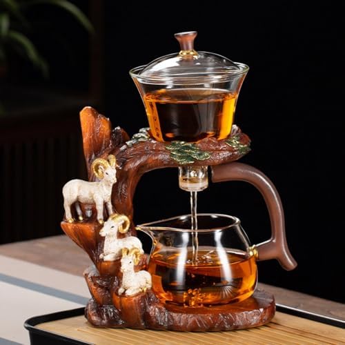 Glass Teapot Set with Infuser Semi Automatic Tea Set Lazy Kungfu Attraction Drip Rotating Magic Teapot Set (Goat) - Image 2