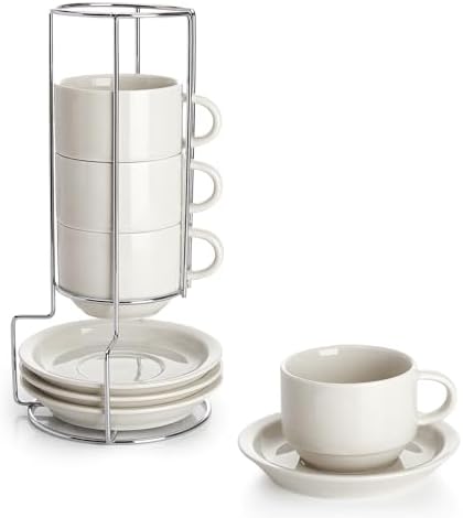Sweese Porcelain Cappuccino Cups Set - 8 oz Stackable Coffee Mugs with Saucers, Metal Stand, Dove Grey, Set of 4 by Sweese