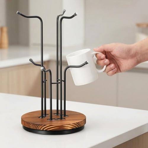 Coffee Mug Holder Mug Stand Tree Rotated Hooks Cup Holder Wooden Anti Slip Easy Assembly Organizer Suitable for Housewarming Coffee Bar, 6 Hooks - Image 5