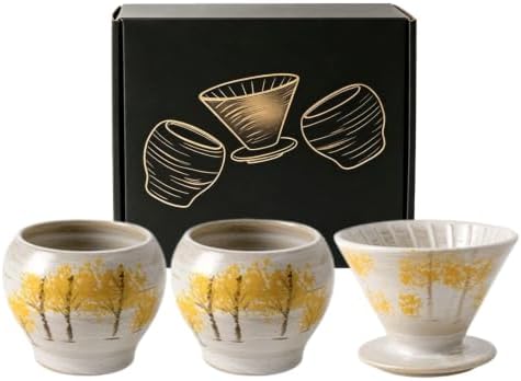 Pour Over Coffee Maker Set, Hand Painted Autumn Tree Ceramic Dripper with 2 Vintage 8.5oz Coffee Cups, Drip Coffee Brewer Dripper Set, Gift for Coffee Lover (Autumn Tree) by Unknown