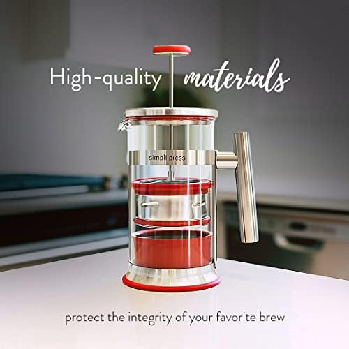 Simpli Press French Press Coffee & Tea Maker - Easy Cleanup & Customizable Smooth Coffee - Patented - Plastic-Free Premium Stainless Steel 34 oz - Red Color - Image 3