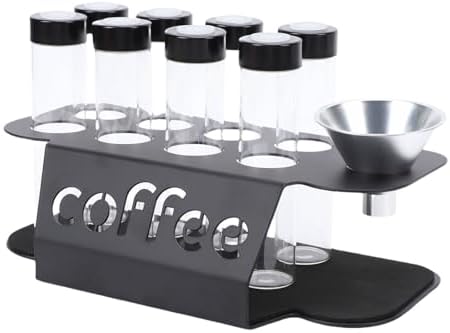 Jiawu Coffee Bean Storage Tubes, 8 Tubes Single Dose Coffee Bean Cellars with One Way Exhaust Valve, Coffees Storage Container with Metal Stand & Funnel, Glass Vials for Tea Nuts by JIAWU
