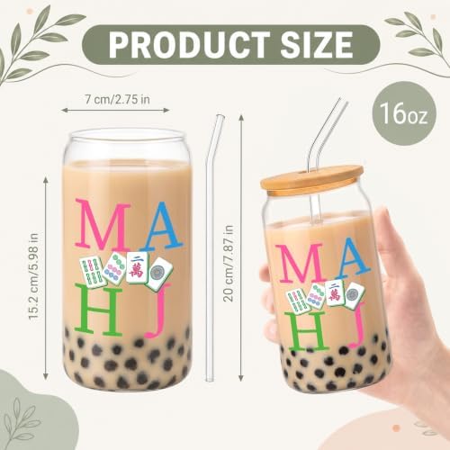 Glass Cups with Lids and Straws, 6Pack, 16oz, Mahjong Game - Image 2