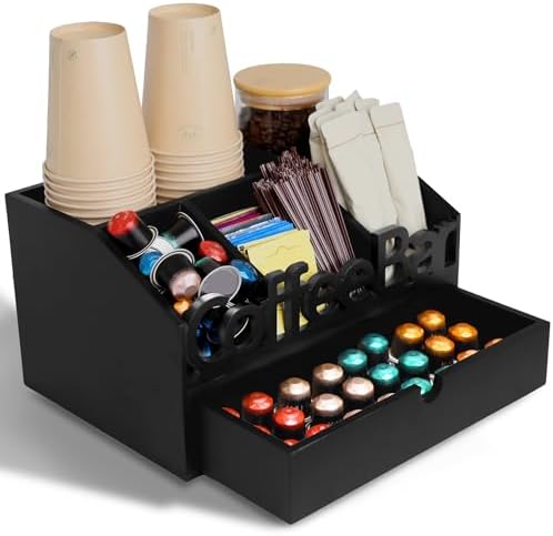 Coffee Bar Organizer Countertop, Wooden Coffee Station with Black Drawer by ADDFITHOUSE
