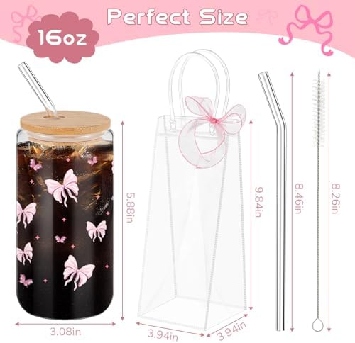 Mumufy 8 Sets Pink Bow Cute Glass Cups Bulk with Lids Straws, 16 Oz - Image 2