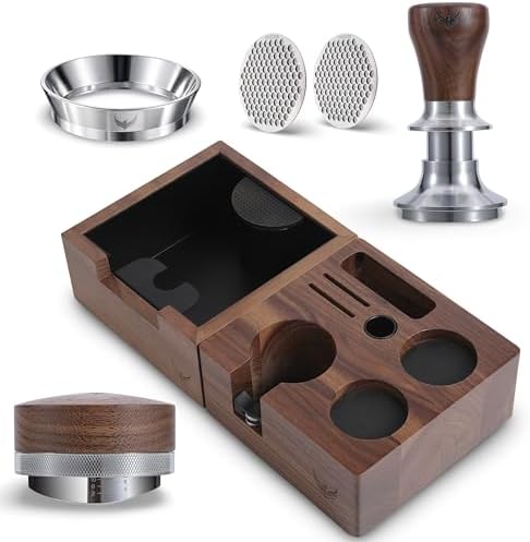 58.5mm Espresso Tool Set – Walnut Coffee Tamper, Espresso Leveler, Tamper Station, Knock Box, Dosing Funnel & Puck Screen | 7pcs Espresso Machine Accessories by KNODOS