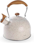 Tea Kettle, BELANKO 85 OZ / 2.5 Liter Whistling Tea Kettle, Tea Pots for Stove Top Food Grade Stainless Steel with Wood Pattern Folding Handle, Loud Whistle Kettle for Tea, Coffee, Milk - Cream White by BELANKO