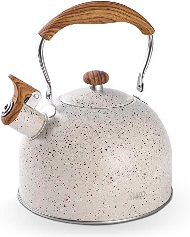 Tea Kettle, BELANKO 85 OZ / 2.5 Liter Whistling Tea Kettle, Tea Pots for Stove Top Food Grade Stainless Steel with Wood Pattern Folding Handle, Loud Whistle Kettle for Tea, Coffee, Milk - Cream White by BELANKO
