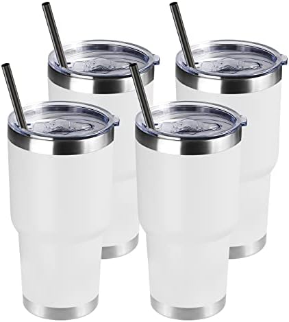 DOMICARE 30 oz Tumbler with Lid and Straw, Stainless Steel Tumblers Bulk, Insulated Vacuum Double Wall Travel Coffee Mug, Durable Powder Coated Tumbler Cups (White, 4) by VisittheDOMICARE