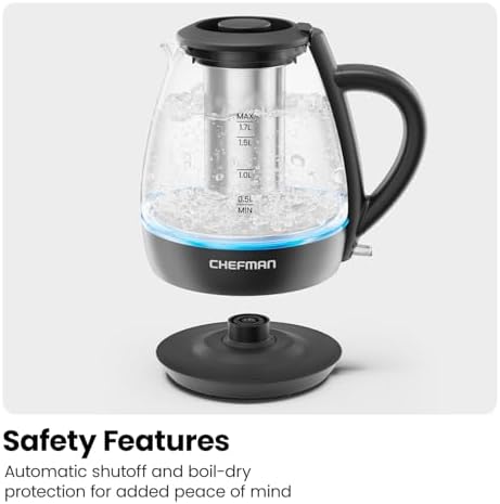 Chefman Electric Kettle with Tea Infuser, 1.7L 1500W, Removable Lid for Easy Cleaning, Boil-Dry Protection, Stainless Steel Filter, BPA Free, Auto Shut Off Hot Water Boiler, Glass Electric Tea Kettle - Image 5