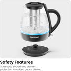 Chefman Electric Kettle with Tea Infuser, 1.7L 1500W, Removable Lid for Easy Cleaning, Boil-Dry Protection, Stainless Steel Filter, BPA Free, Auto Shut Off Hot Water Boiler, Glass Electric Tea Kettle - Image 5