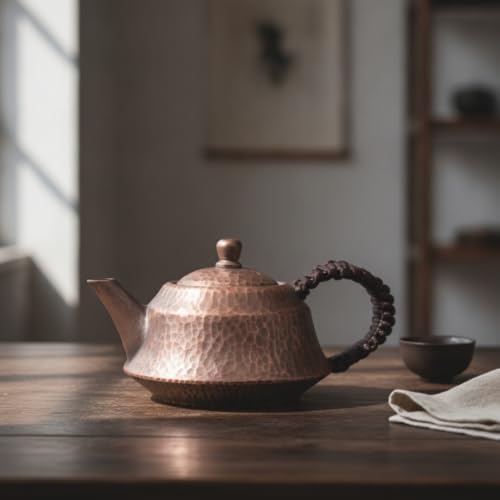 YIJU Copper Infusion Vessel Handmade Teapot Kettle Pot Brewer With Hammered Dimpled Surface And Braided Side Handle Suitable for tea decoration countertop, Array, Original Color, 300ml - Image 2