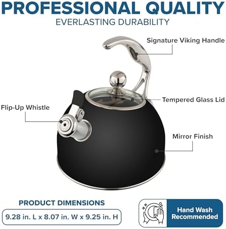 Viking 3-Ply Stainless Steel Tea Kettle, 2.6 Quart Stovetop Hot Water Pot with Tempered Glass Lid, Ergonomic Handle, Induction Ready, Matte Black - Image 4