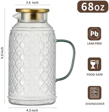 Buaic Glass Pitcher with Lid, 68 oz/2 Liter Vintage Water Pitcher - Image 2