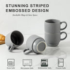 Hasense Stackable Coffee Mugs With Stand, 12 oz Stackable Coffee Cups Ceramic, Modern Ribbed Latte Cup Sets for Cappuccino, Tea, Espresso, Hot Cocoa, Drinks - Dishwasher & Microwave Safe, Grey - Image 4