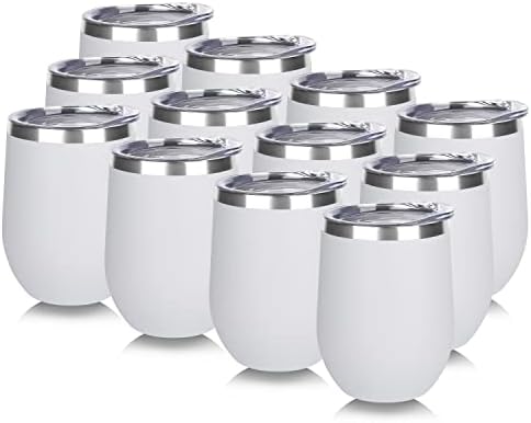 DOMICARE Stainless Steel Wine Tumbler Bulk with Lid, Personalized White Insulated Tumblers Set, 12oz Travel Coffee Cups Pack of 12 by VisittheDOMICARE