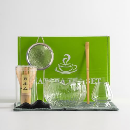 DWEHIXBUY Japanese Tea Set (7pcs) Matcha Whisk Set Matcha Bowl with Pouring Spout Bamboo Matcha Whisk (chasen) Scoop (chashaku) Matcha Whisk Holder Tea Making Kit. WHITE GLASS - Image 2