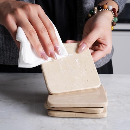 Koville Set of 6 Natural Marble Coasters for Coffee Table with Holder, Beige Yellow Marble Coaster Square 3.9" inches for Table Décor Home Décor, Handmade Luxury Aesthetic Drink Coasters for Dining - Image 5