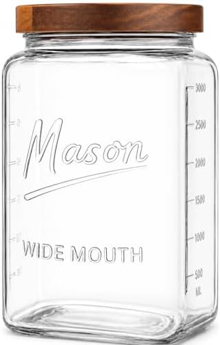 1 Gallon Glass Jar with Wooden Lid - Extra Large Mason Jar Wide Mouth with Airtight Wood Lid - Square Glass Storage Container with Measurement Markings for Flour, Sugar, Cookies & Pickling by KITCHENTOOLZ